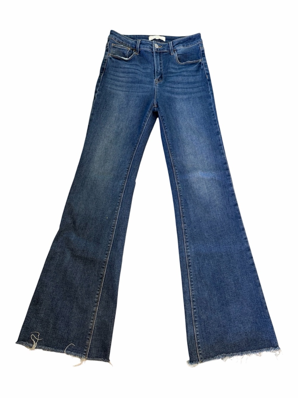 Risen Jeans Flared High Rise Blue Denim Raw Hem Button Zip Women Size 28 x 32